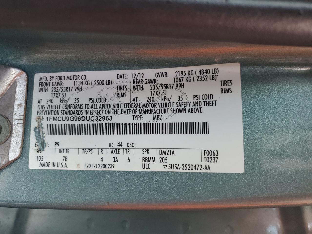 2013 Ford Escape Se VIN: 1FMCU9G96DUC32963 Lot: 68062694