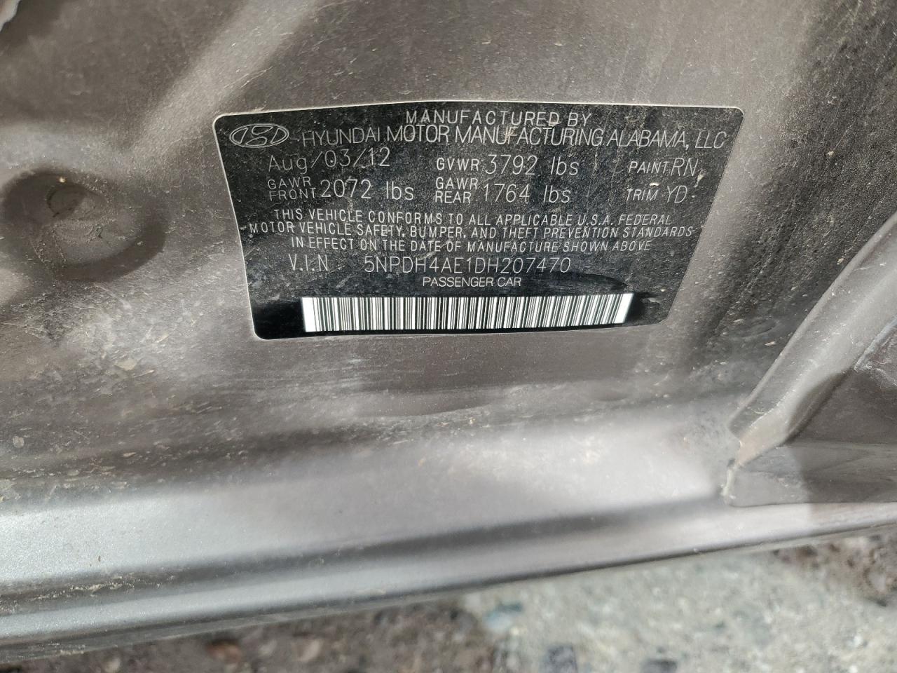 2013 Hyundai Elantra Gls VIN: 5NPDH4AE1DH207470 Lot: 68247574