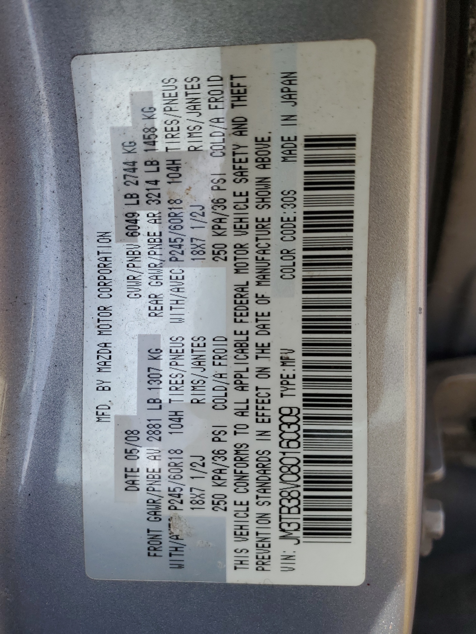 JM3TB38V080160309 2008 Mazda Cx-9