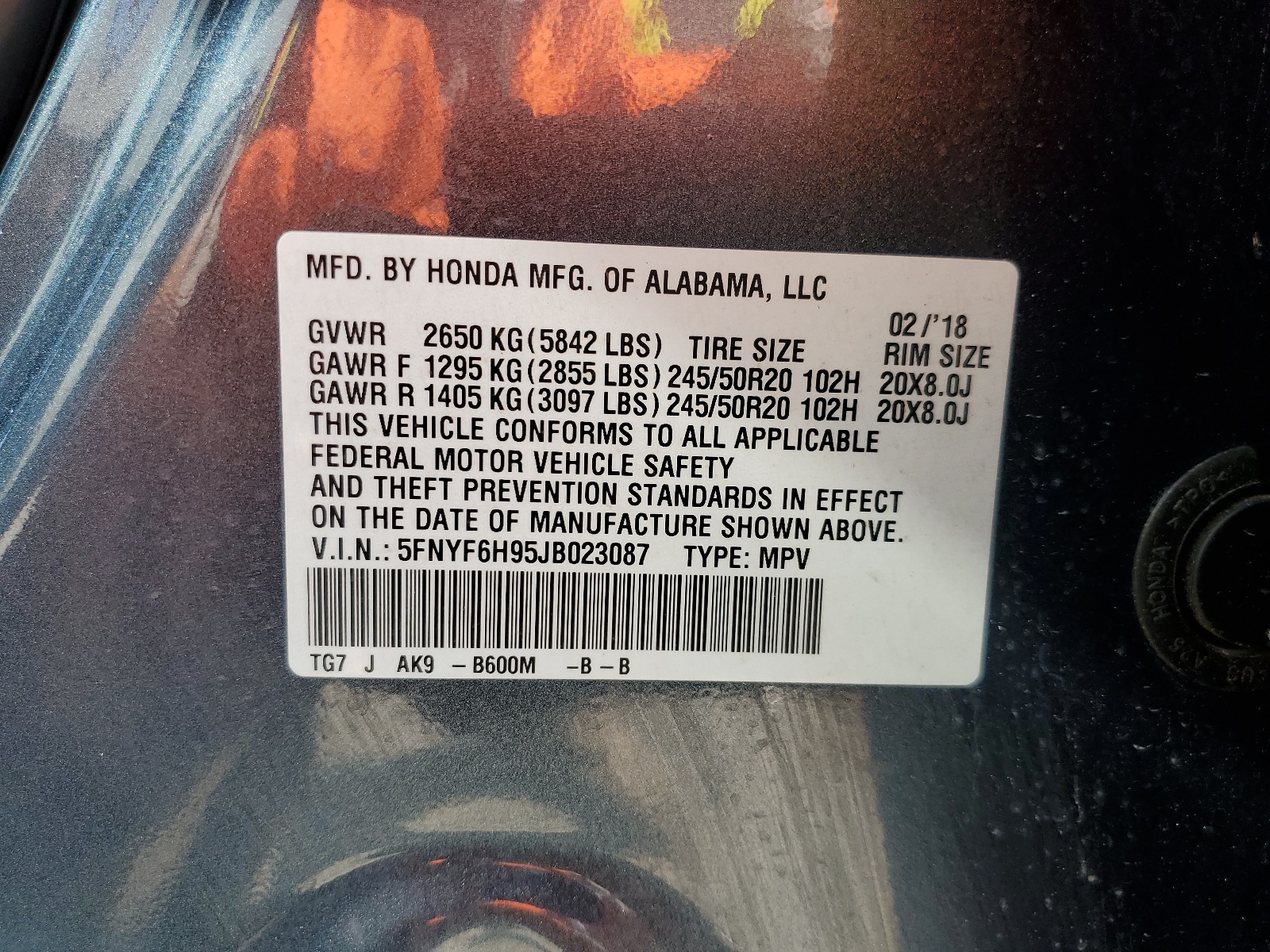 5FNYF6H95JB023087 2018 Honda Pilot Touring