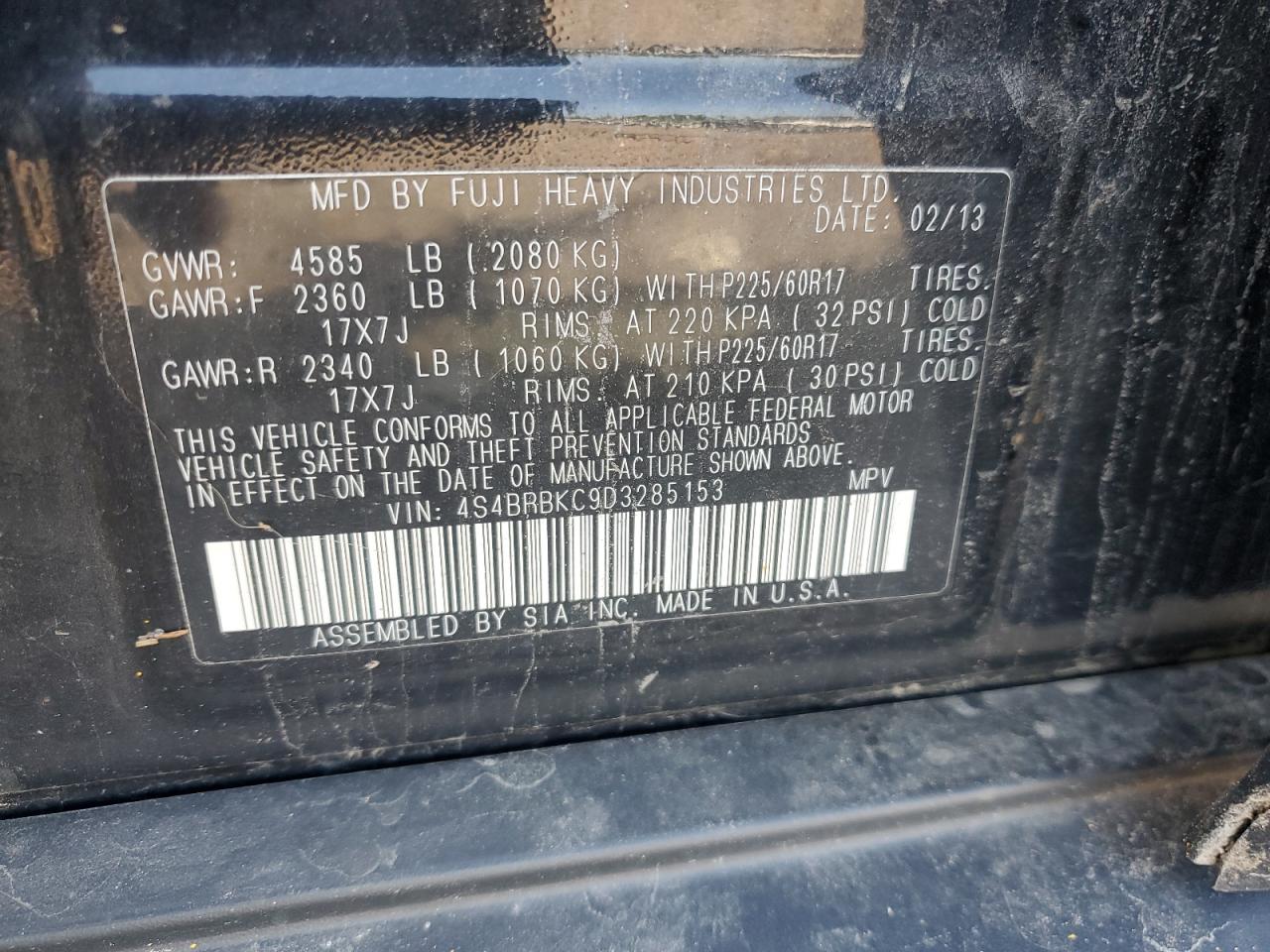 2013 Subaru Outback 2.5I Limited VIN: 4S4BRBKC9D3285153 Lot: 68507064