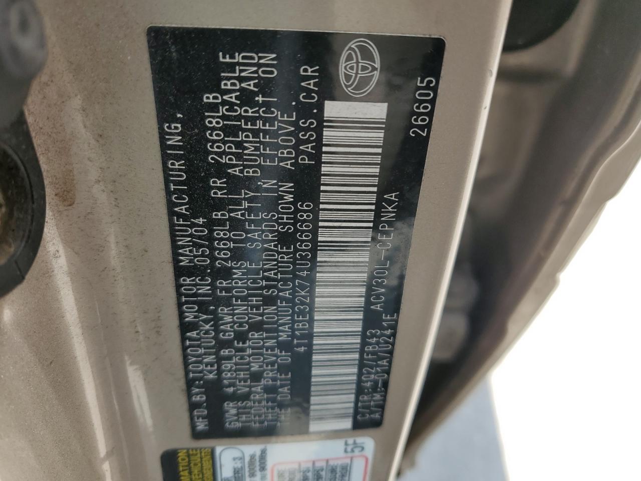 2004 Toyota Camry Le VIN: 4T1BE32K74U366686 Lot: 64863954