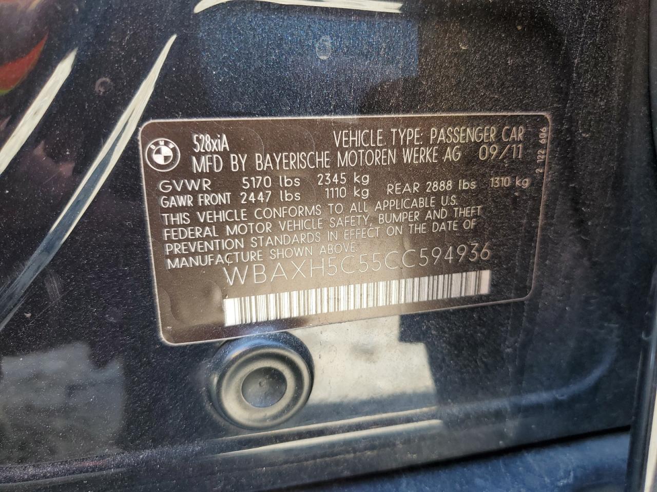 2012 BMW 528 Xi VIN: WBAXH5C55CC594936 Lot: 67273784