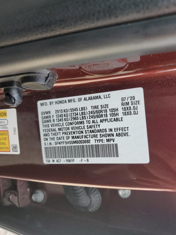 2021 Honda Pilot Exl VIN: 5FNYF5H55MB003692 Lot: 66313524