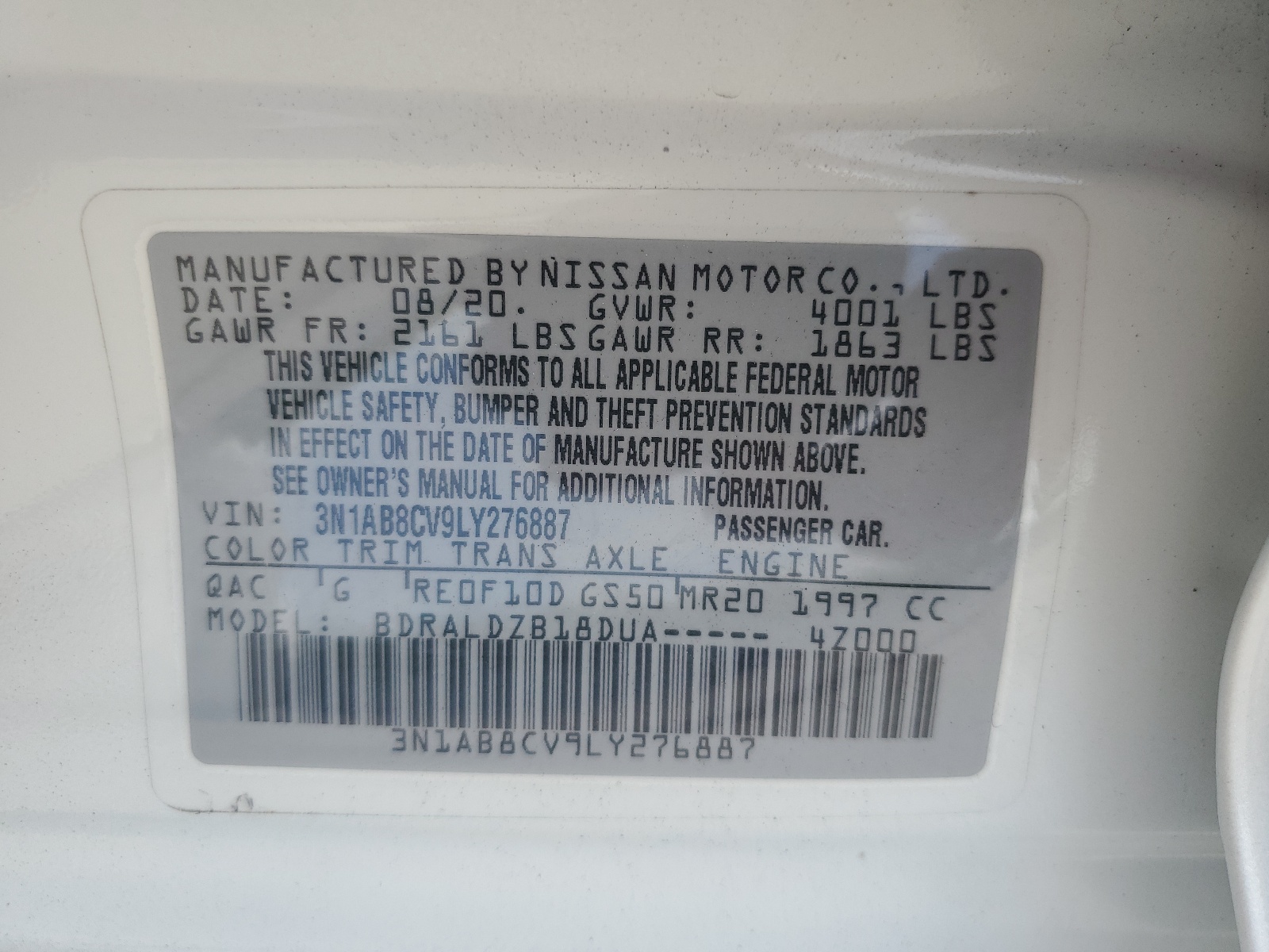 3N1AB8CV9LY276887 2020 Nissan Sentra Sv