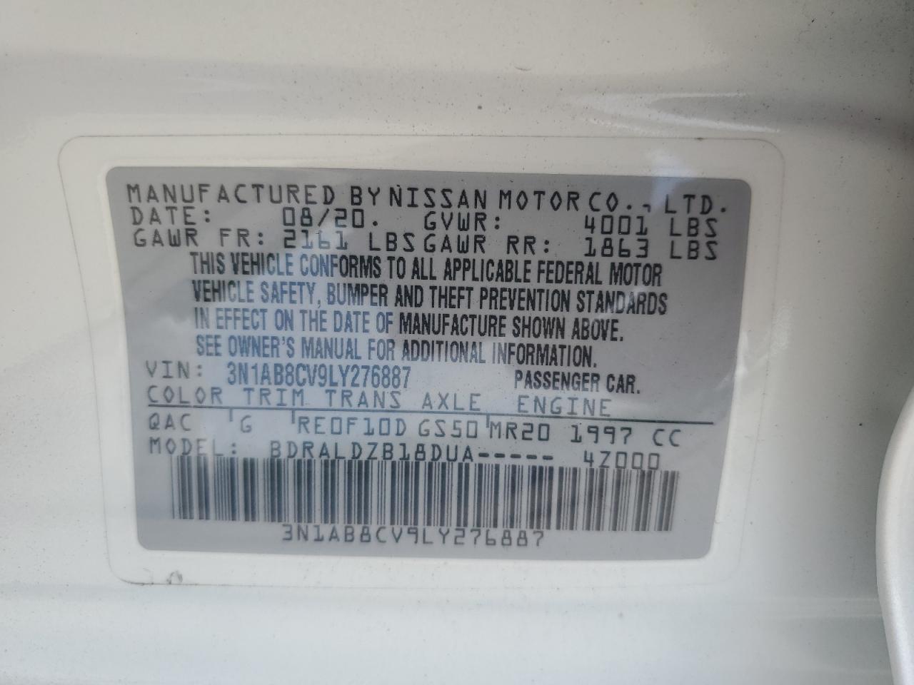 2020 Nissan Sentra Sv VIN: 3N1AB8CV9LY276887 Lot: 66468254