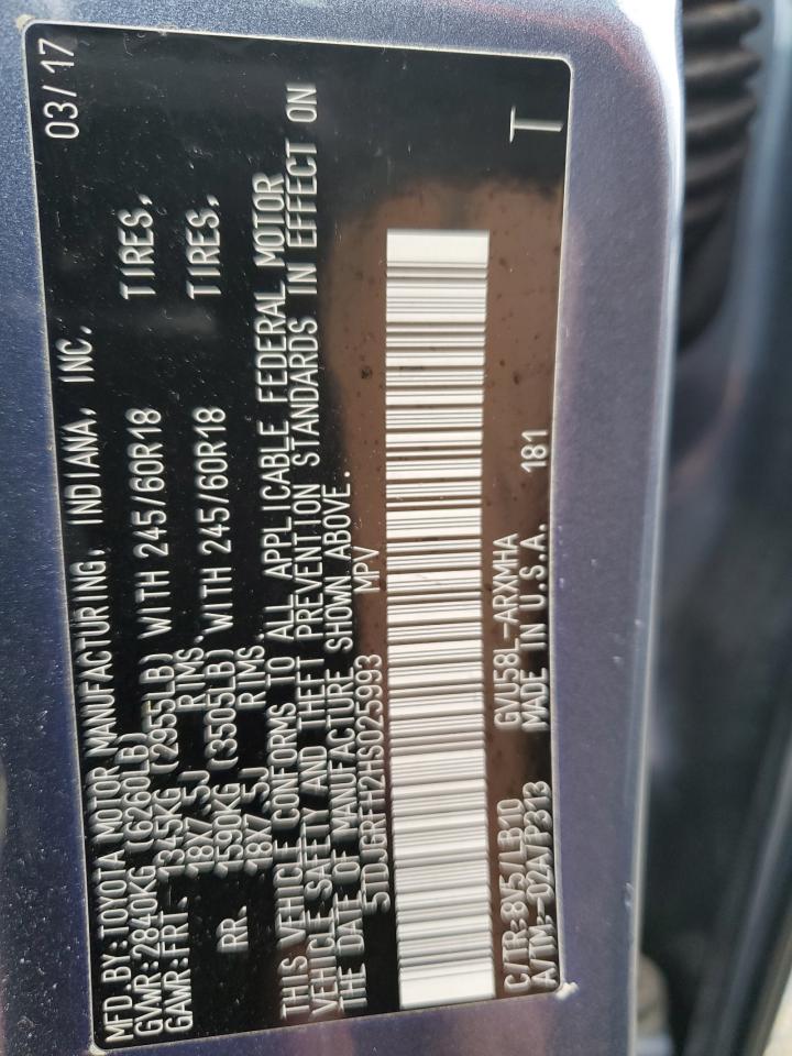 2017 Toyota Highlander Hybrid VIN: 5TDJGRFH2HS025993 Lot: 68008774