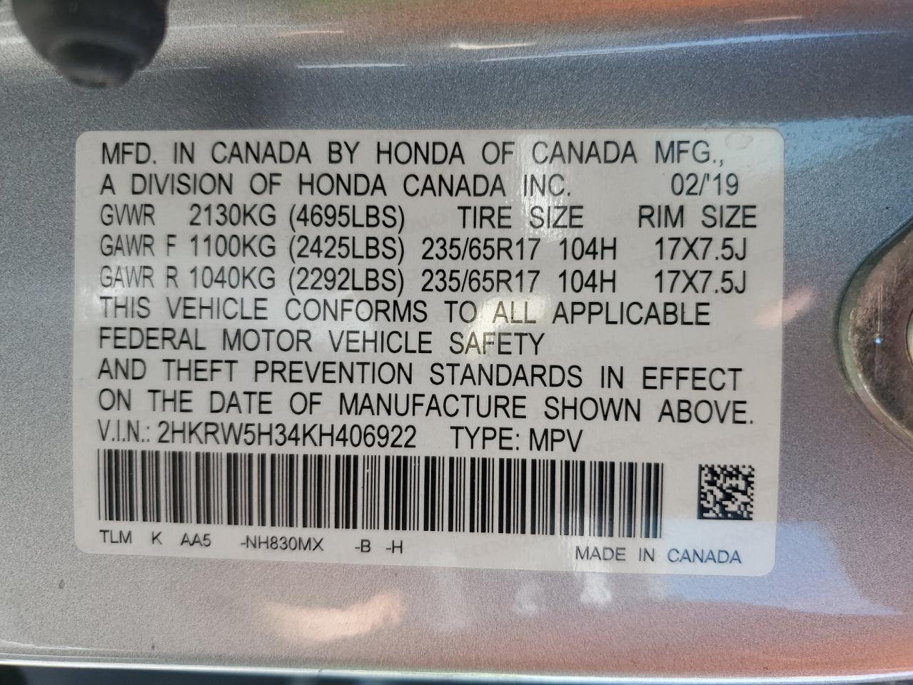 2HKRW5H34KH406922 2019 Honda Cr-V Lx