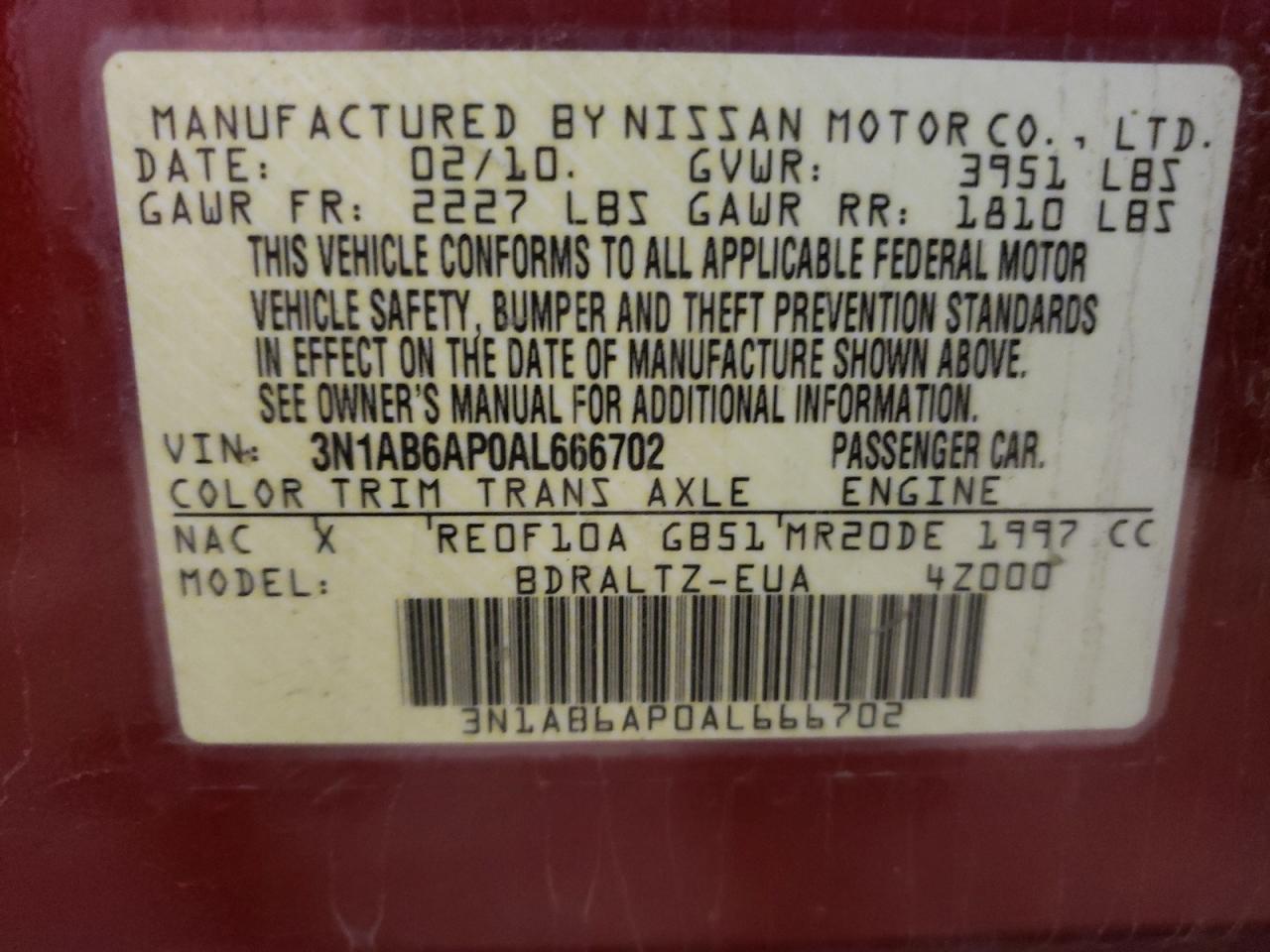 2010 Nissan Sentra 2.0 VIN: 3N1AB6AP0AL666702 Lot: 64825254