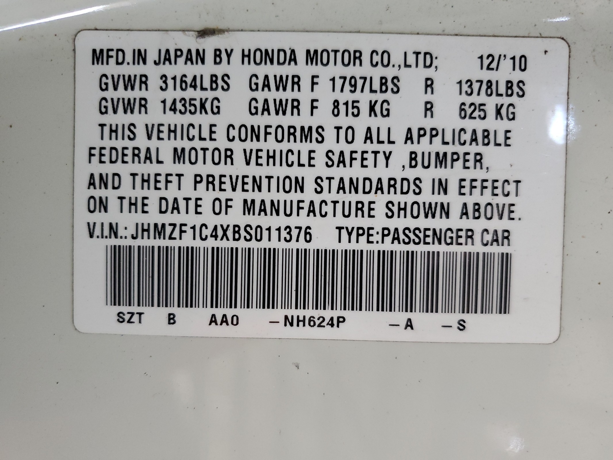 JHMZF1C4XBS011376 2011 Honda Cr-Z