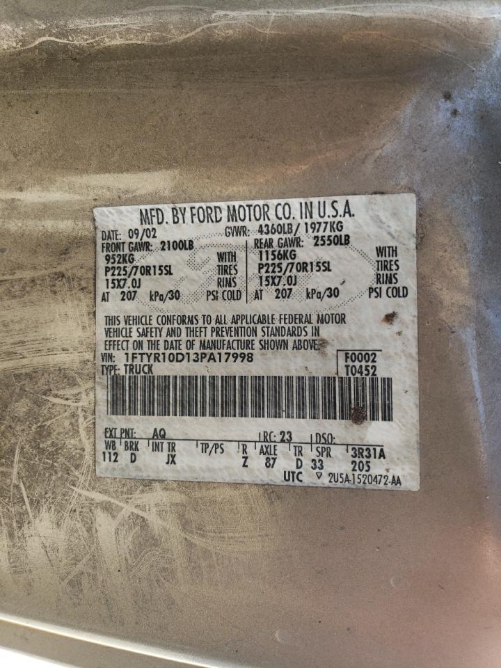 2003 Ford Ranger VIN: 1FTYR10D13PA17998 Lot: 67527954