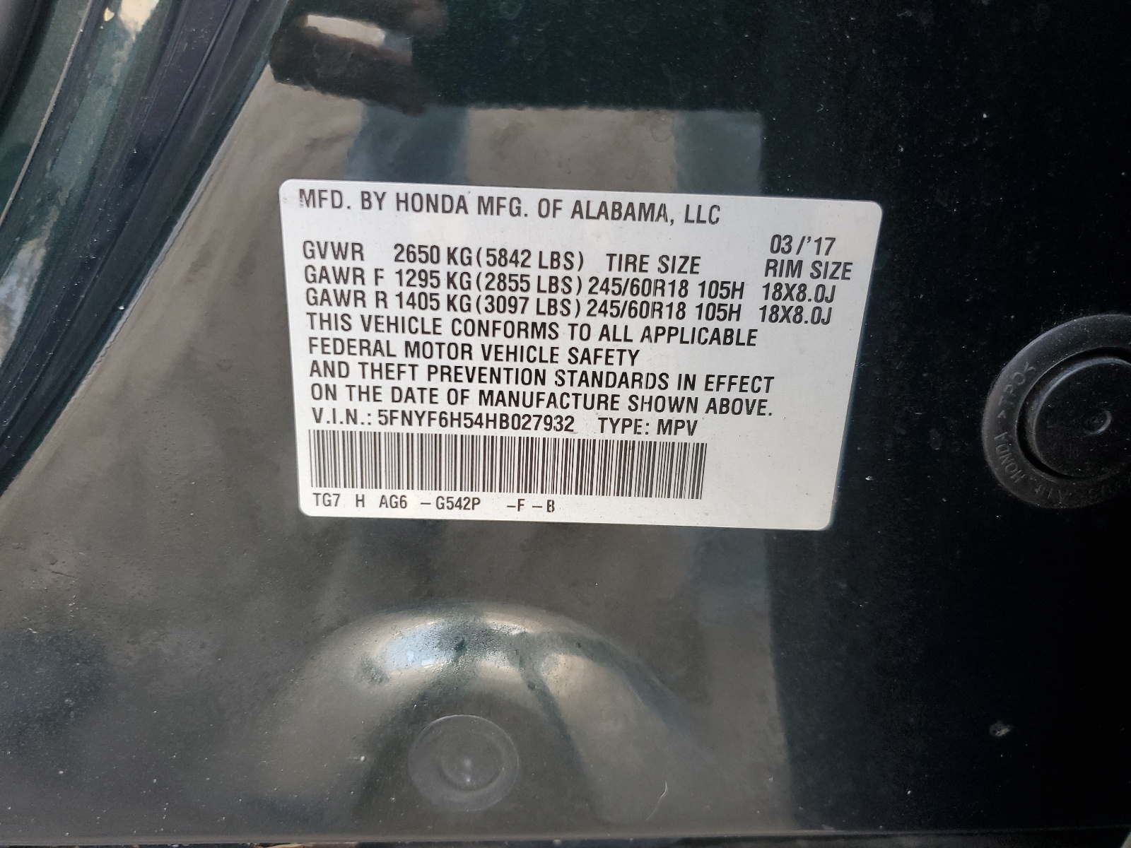 5FNYF6H54HB027932 2017 Honda Pilot Exl