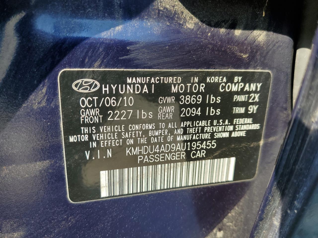 2010 Hyundai Elantra Blue VIN: KMHDU4AD9AU195455 Lot: 66180074