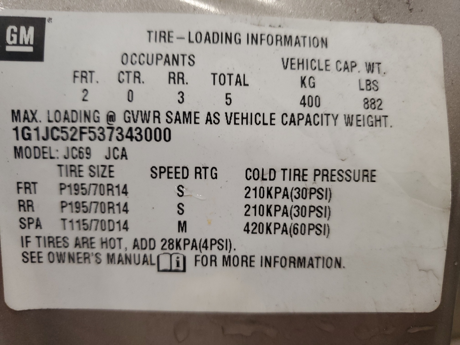 1G1JC52F537343000 2003 Chevrolet Cavalier