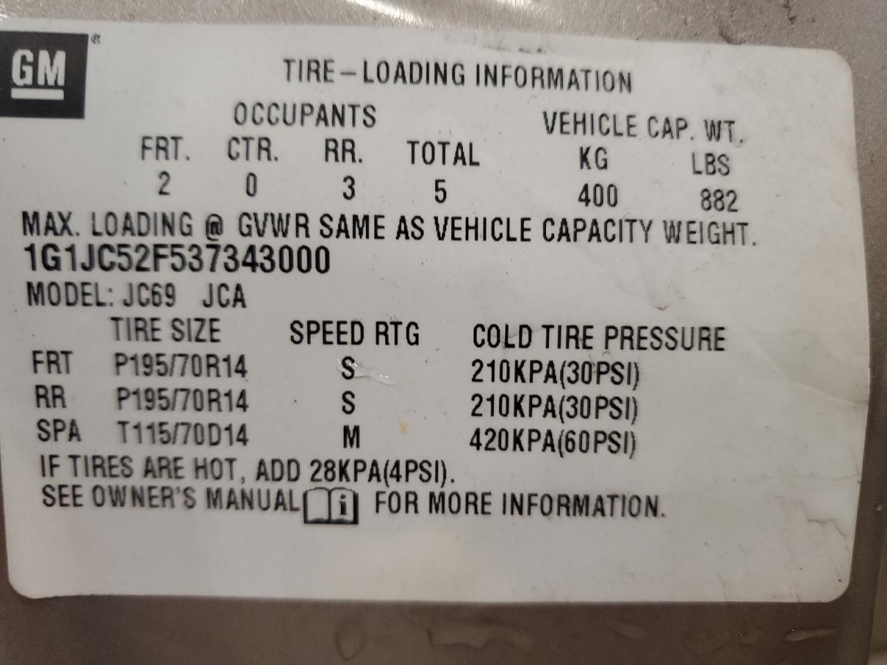 2003 Chevrolet Cavalier VIN: 1G1JC52F537343000 Lot: 67368584