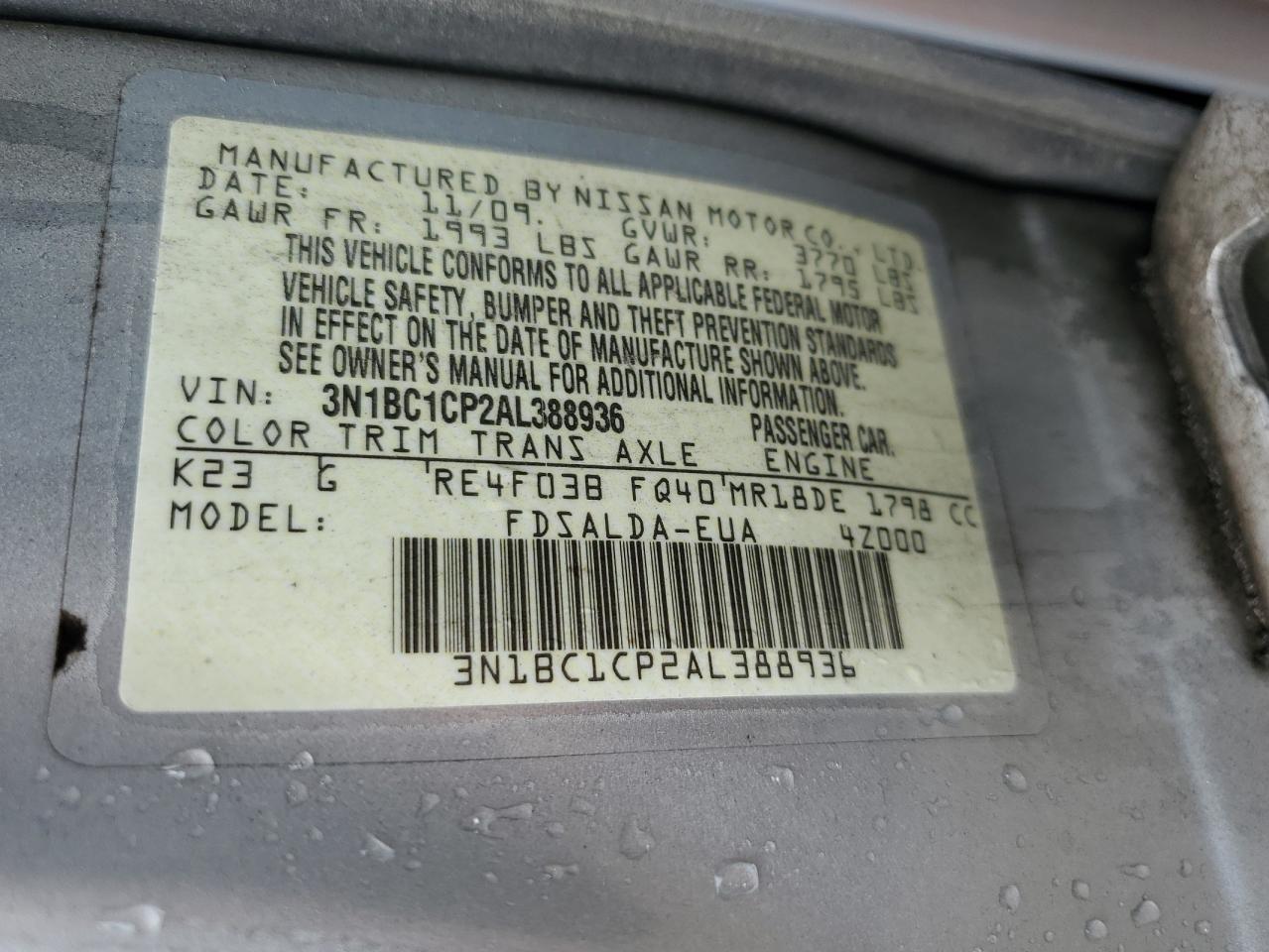 2010 Nissan Versa S VIN: 3N1BC1CP2AL388936 Lot: 65791364