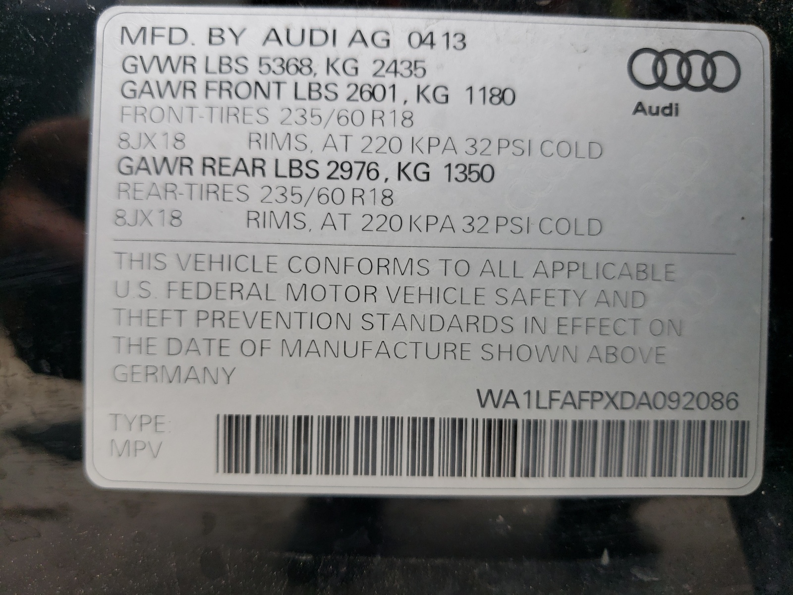 WA1LFAFPXDA092086 2013 Audi Q5 Premium Plus