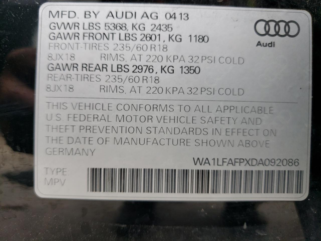 WA1LFAFPXDA092086 2013 Audi Q5 Premium Plus