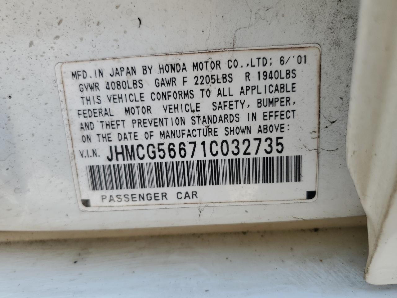 2001 Honda Accord Ex VIN: JHMCG56671C032735 Lot: 67553984