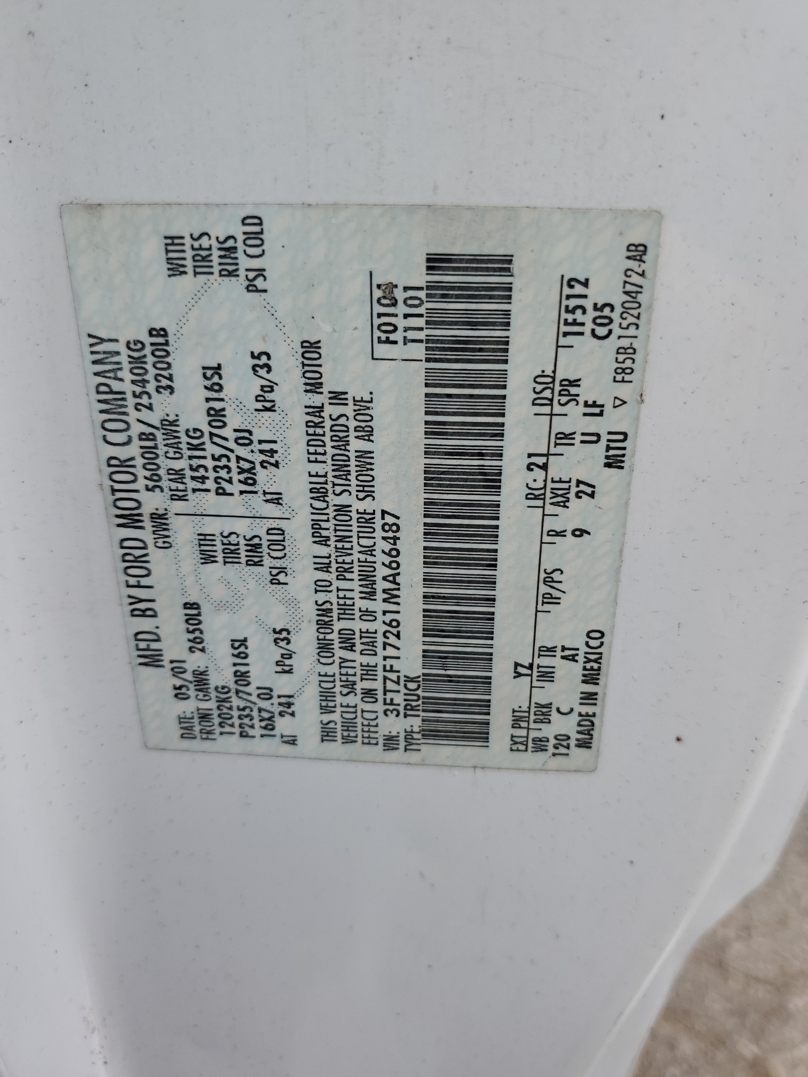 3FTZF17261MA66487 2001 Ford F150