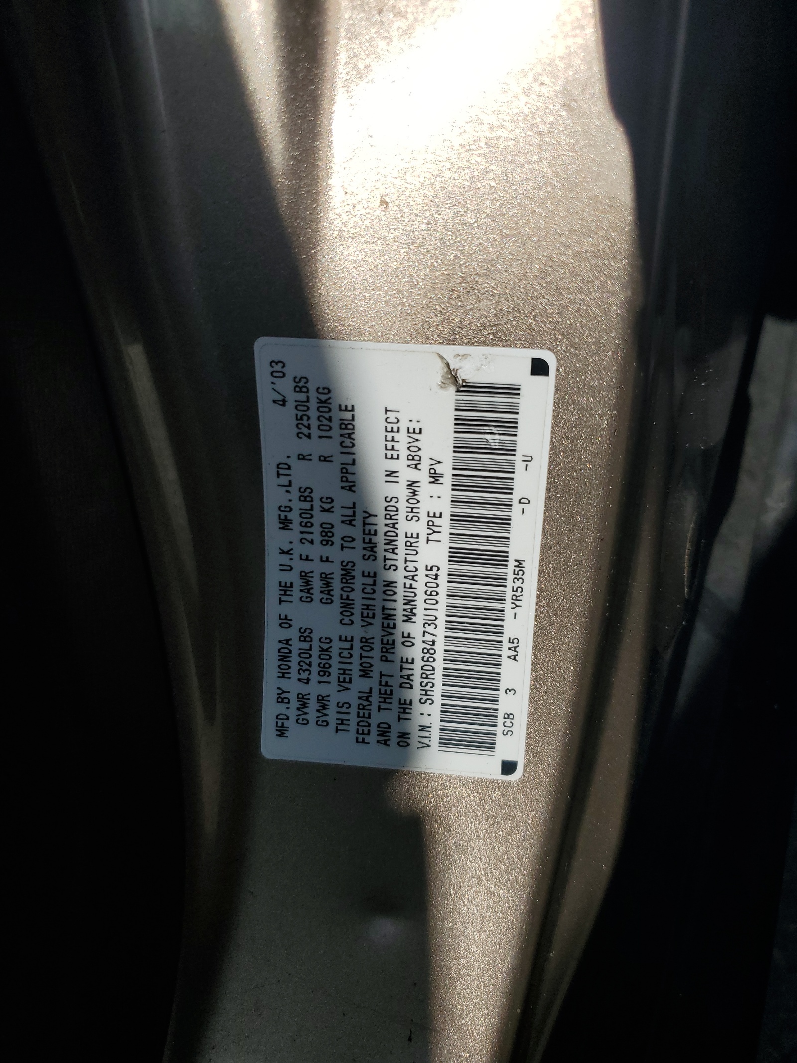 SHSRD68473U106045 2003 Honda Cr-V Lx