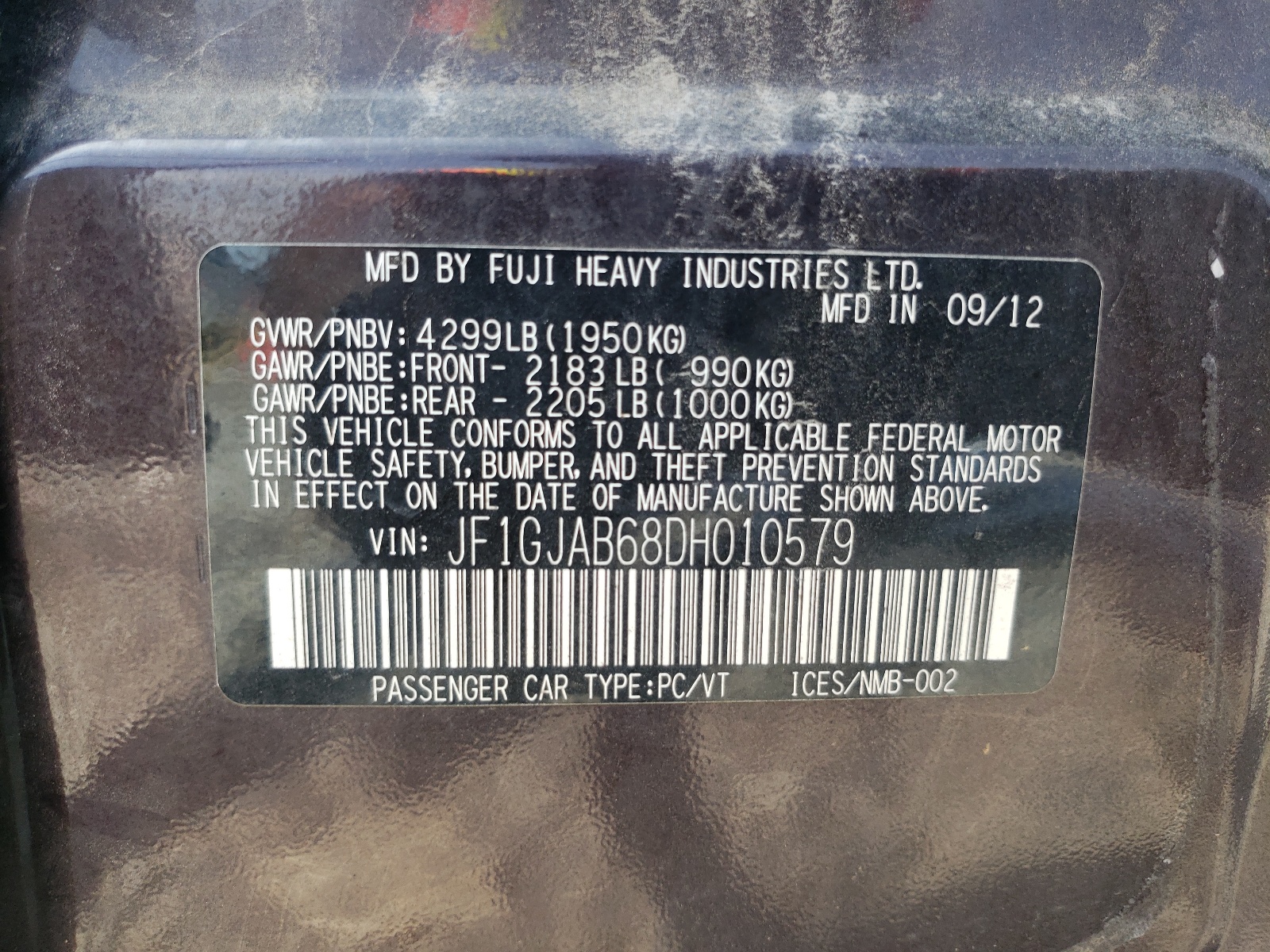 JF1GJAB68DH010579 2013 Subaru Impreza Premium