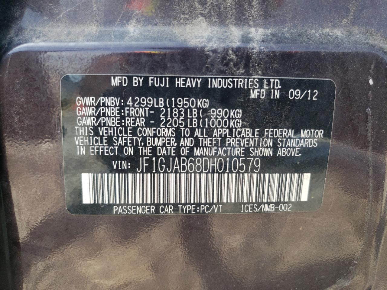 2013 Subaru Impreza Premium VIN: JF1GJAB68DH010579 Lot: 65772054