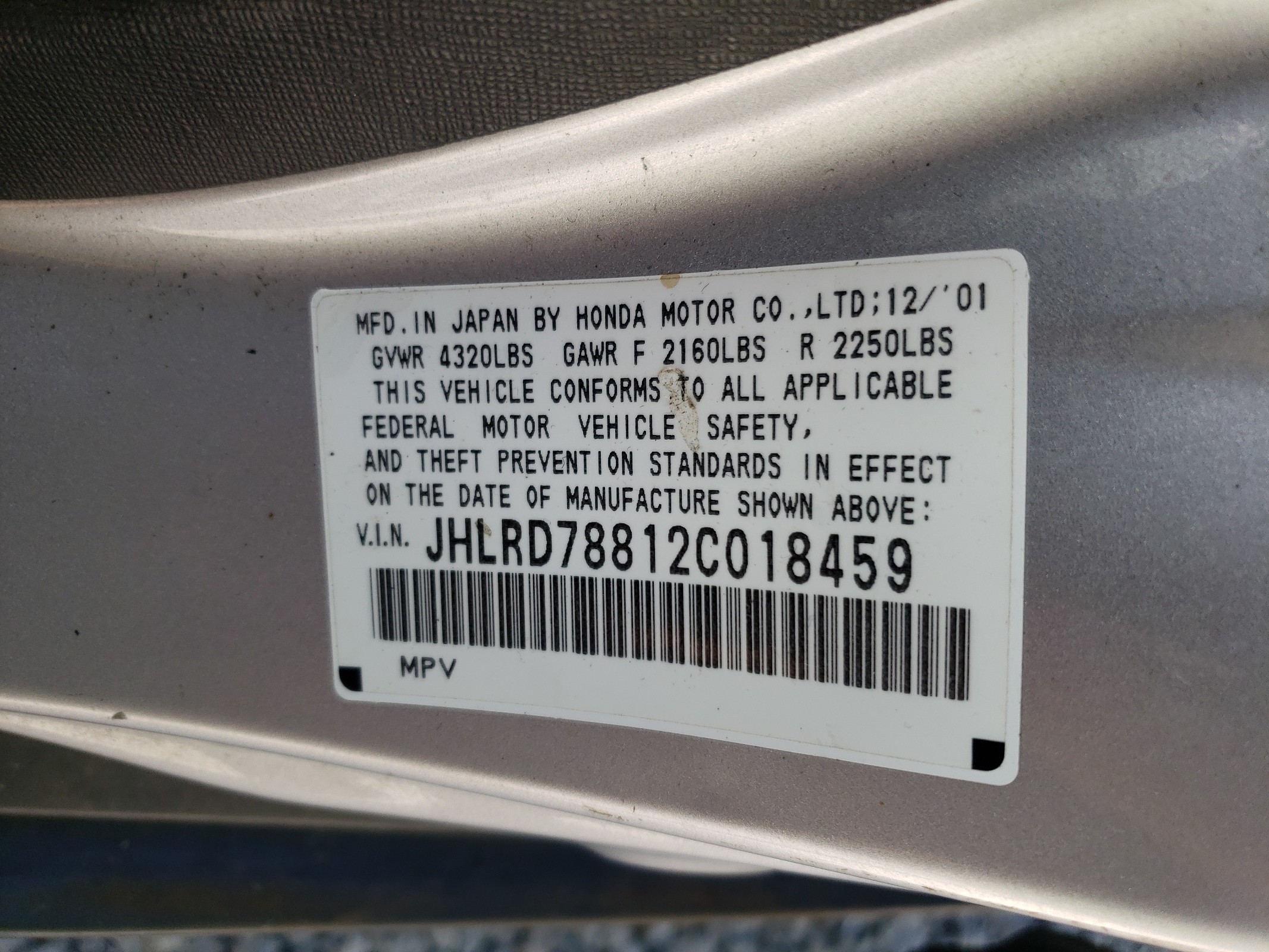 JHLRD78812C018459 2002 Honda Cr-V Ex