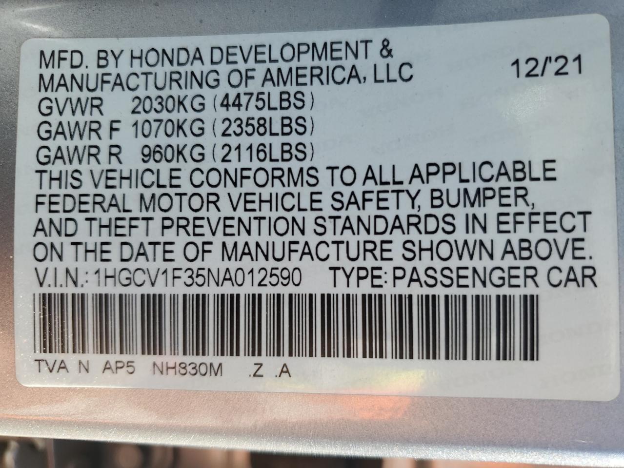 2022 Honda Accord Sport VIN: 1HGCV1F35NA012590 Lot: 68078544