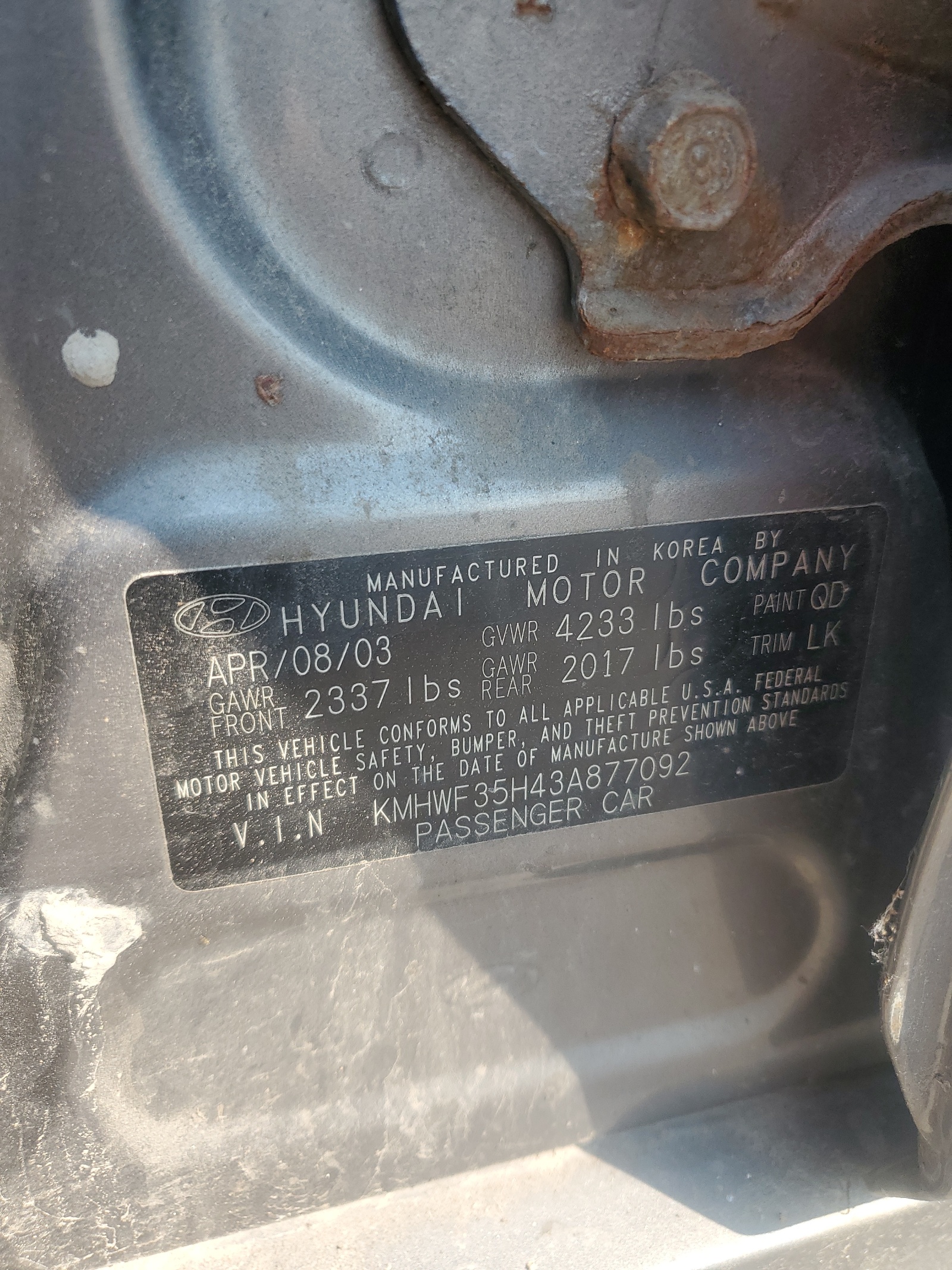 KMHWF35H43A877092 2003 Hyundai Sonata Gls