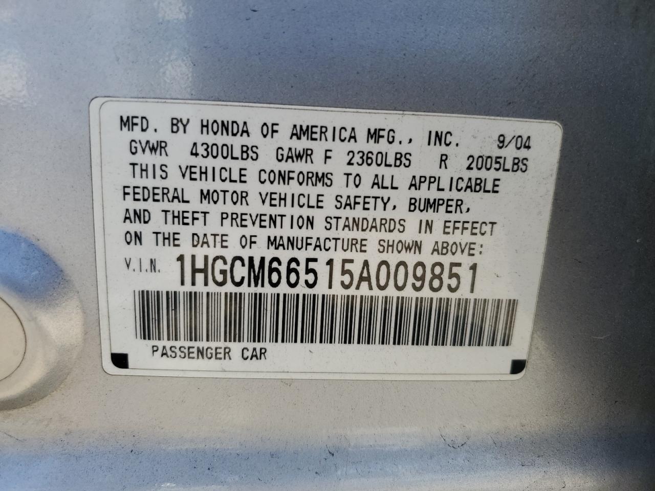 2005 Honda Accord Ex VIN: 1HGCM66515A009851 Lot: 67318284