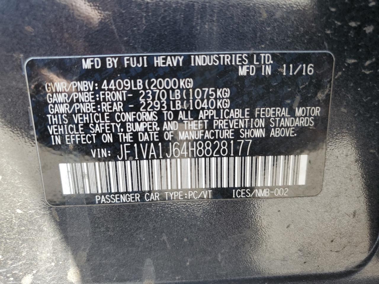 JF1VA1J64H8828177 2017 Subaru Wrx Limited