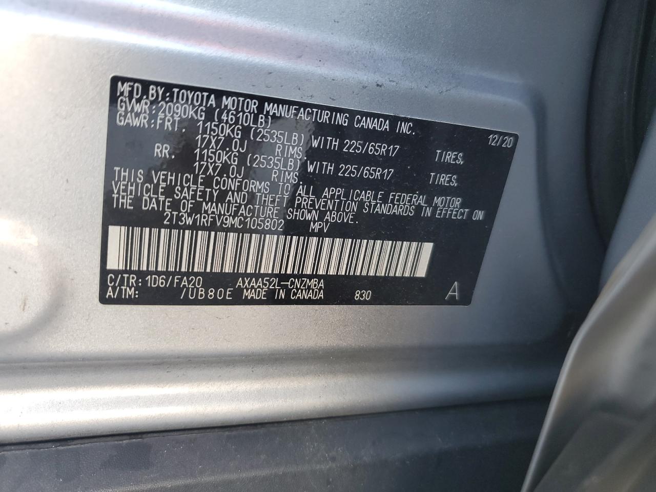 2T3W1RFV9MC105802 2021 Toyota Rav4 Xle