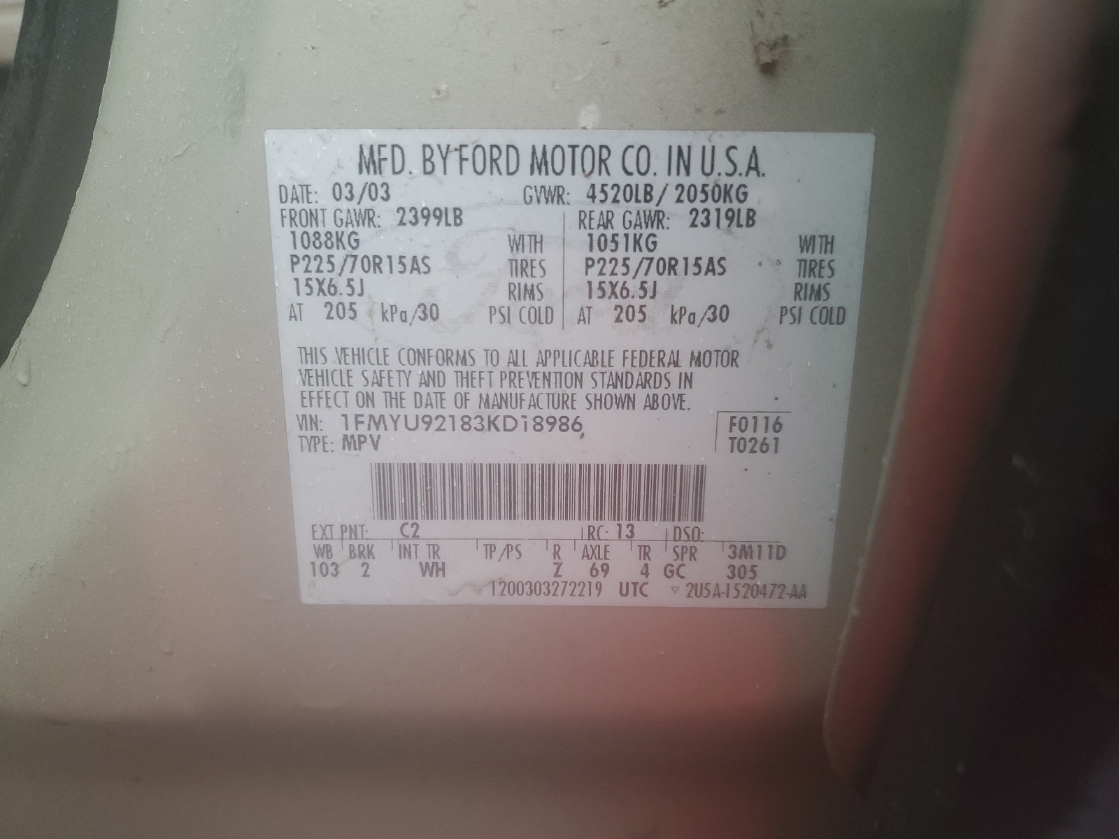 1FMYU92183KD18986 2003 Ford Escape Xls