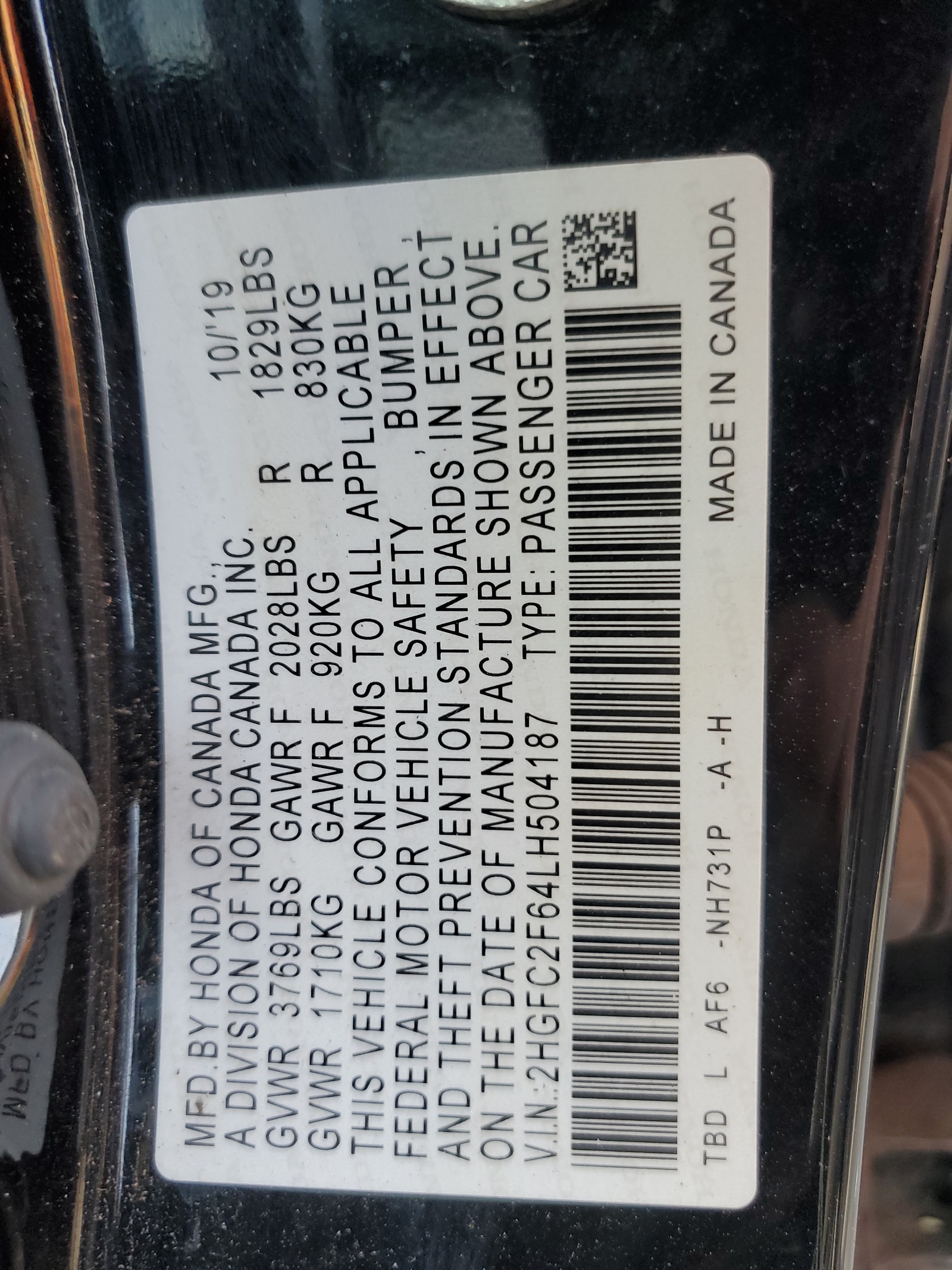 2HGFC2F64LH504187 2020 Honda Civic Lx