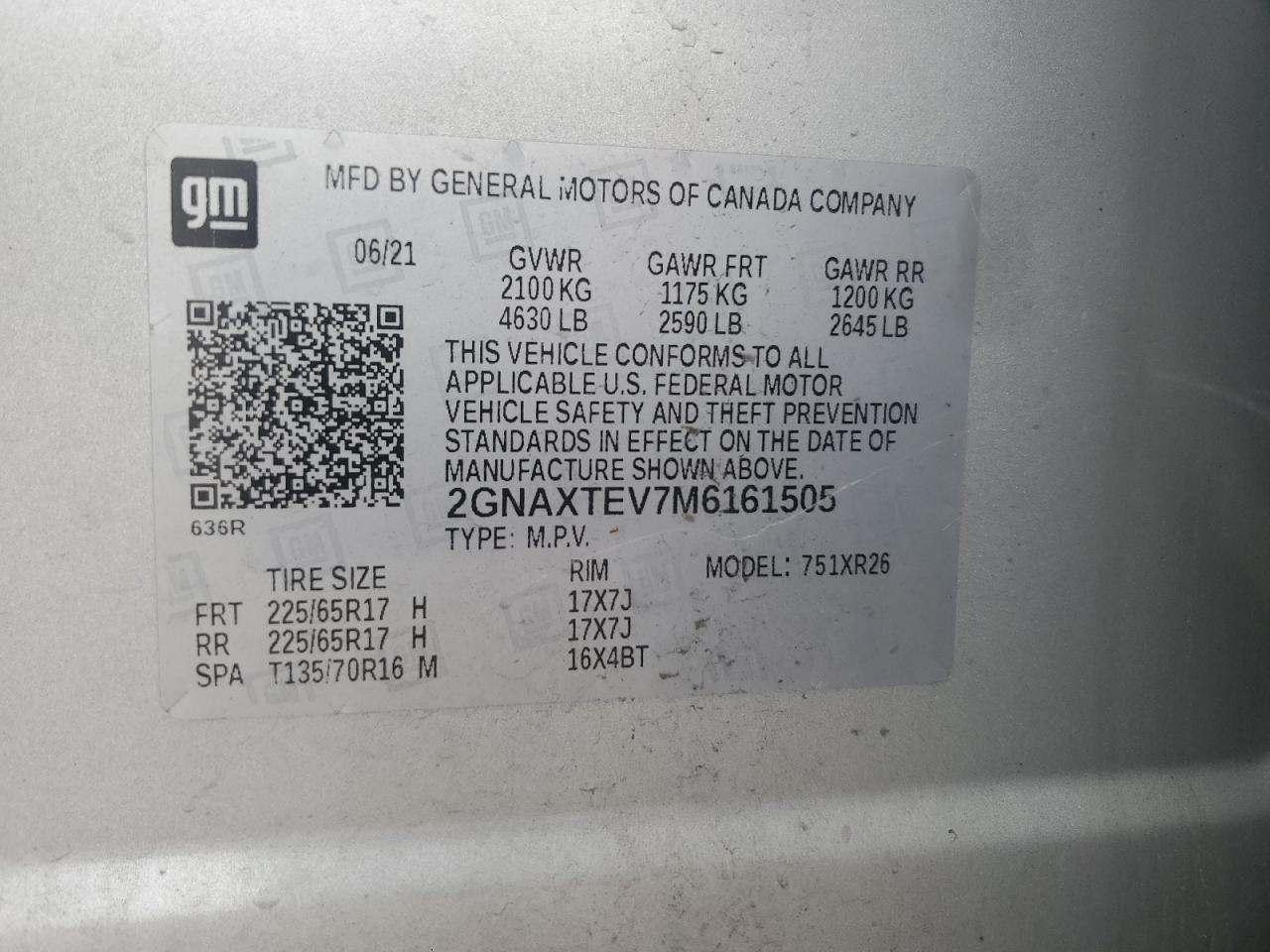 2021 Chevrolet Equinox Lt VIN: 2GNAXTEV7M6161505 Lot: 67069204