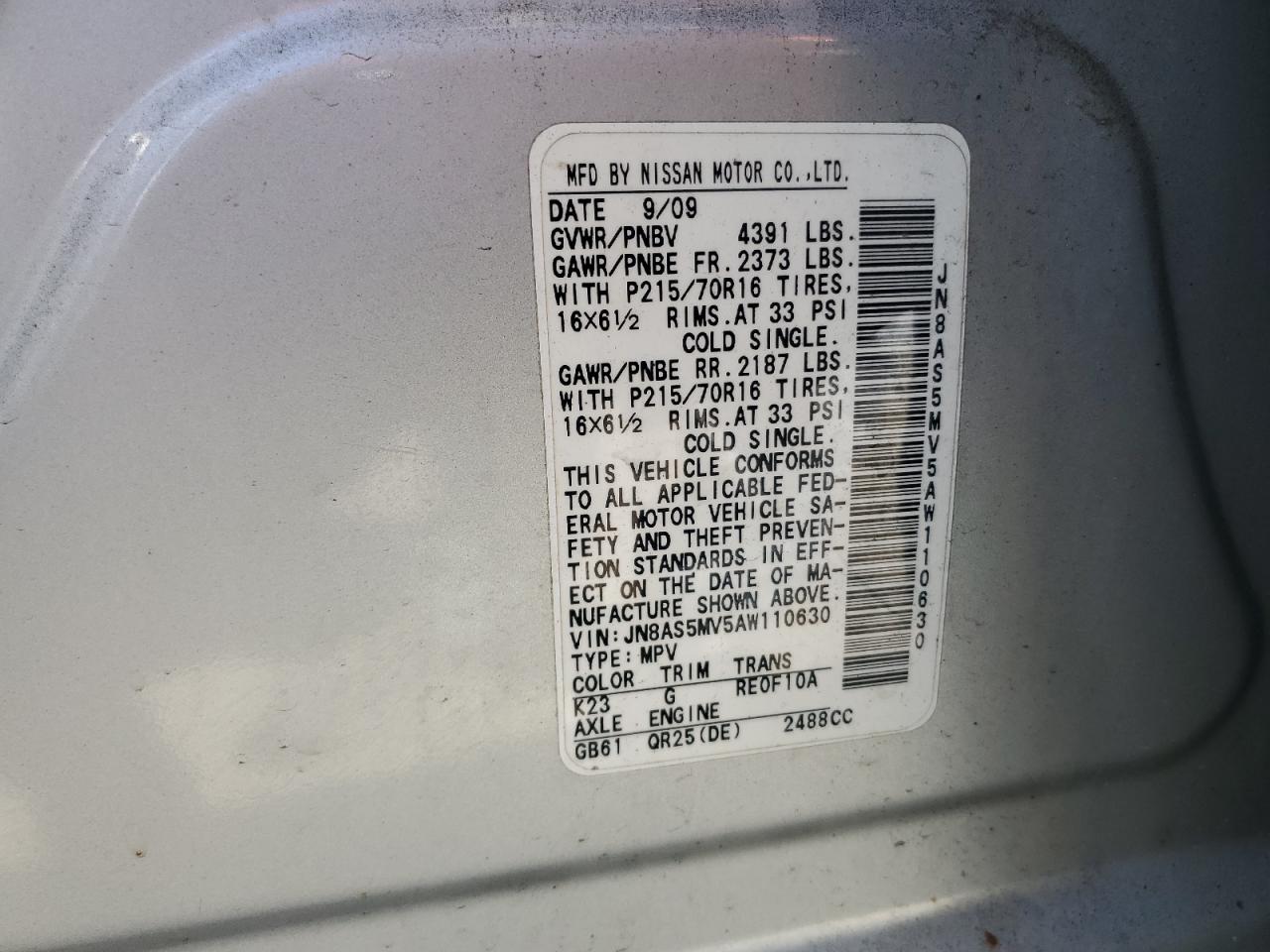 2010 Nissan Rogue S VIN: JN8AS5MV5AW110630 Lot: 67749574