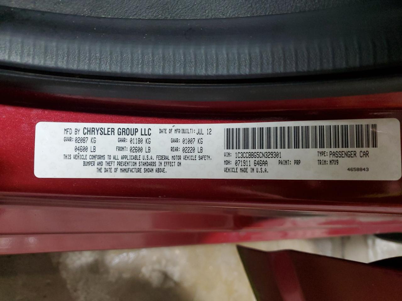 2012 Chrysler 200 Touring VIN: 1C3CCBBG5CN329301 Lot: 66370444