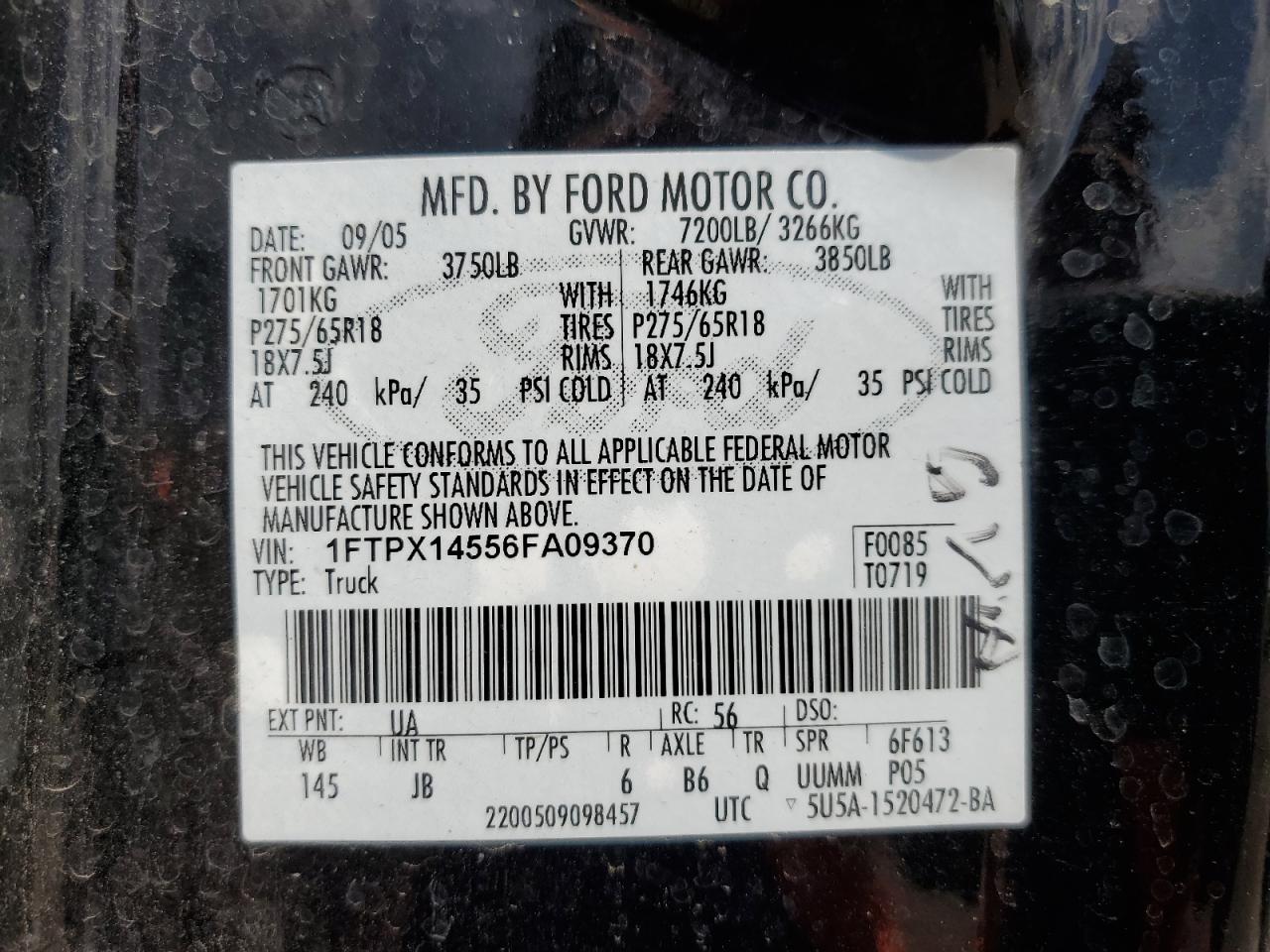 1FTPX14556FA09370 2006 Ford F150