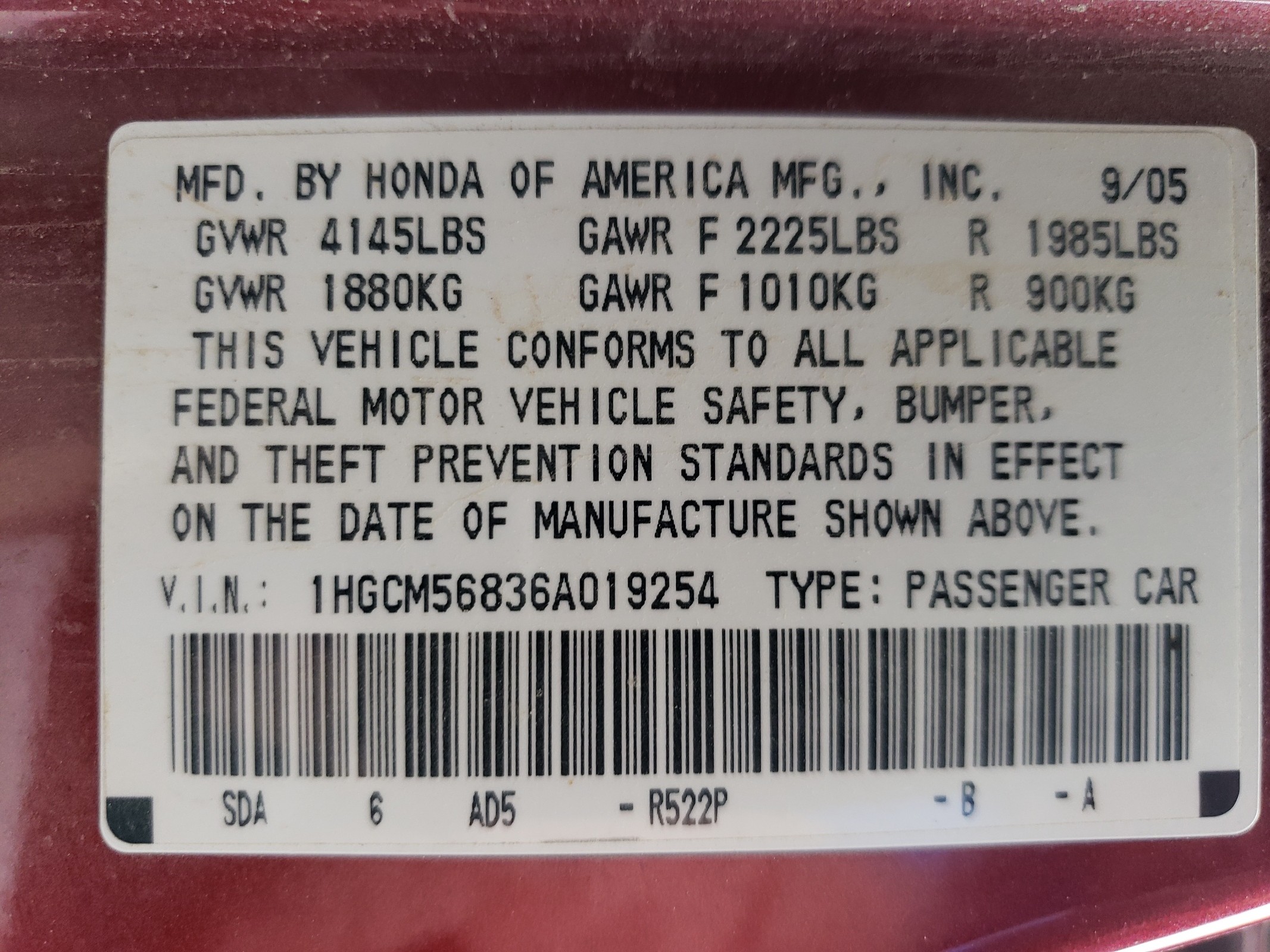 1HGCM56836A019254 2006 Honda Accord Ex