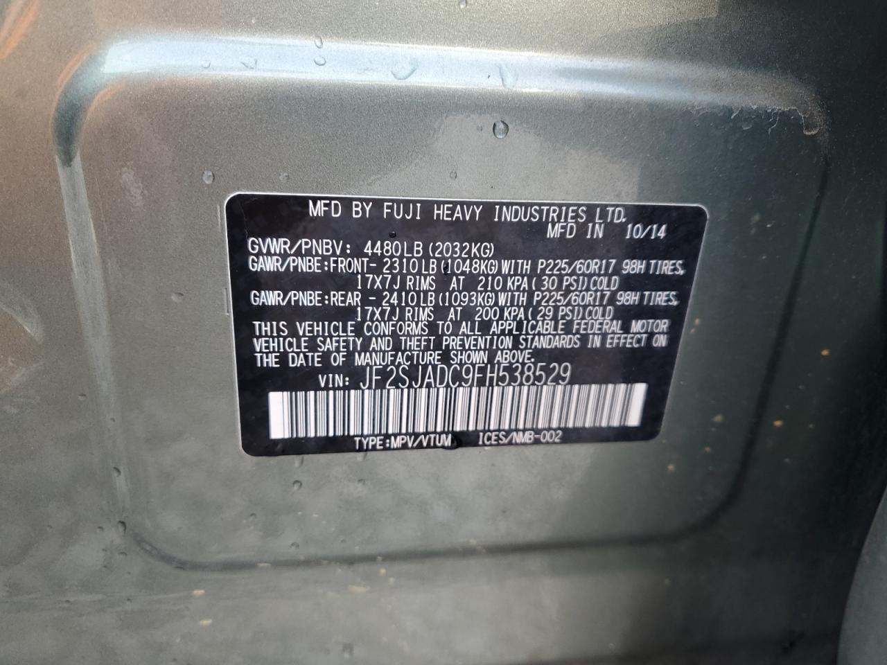 JF2SJADC9FH538529 2015 Subaru Forester 2.5I Premium