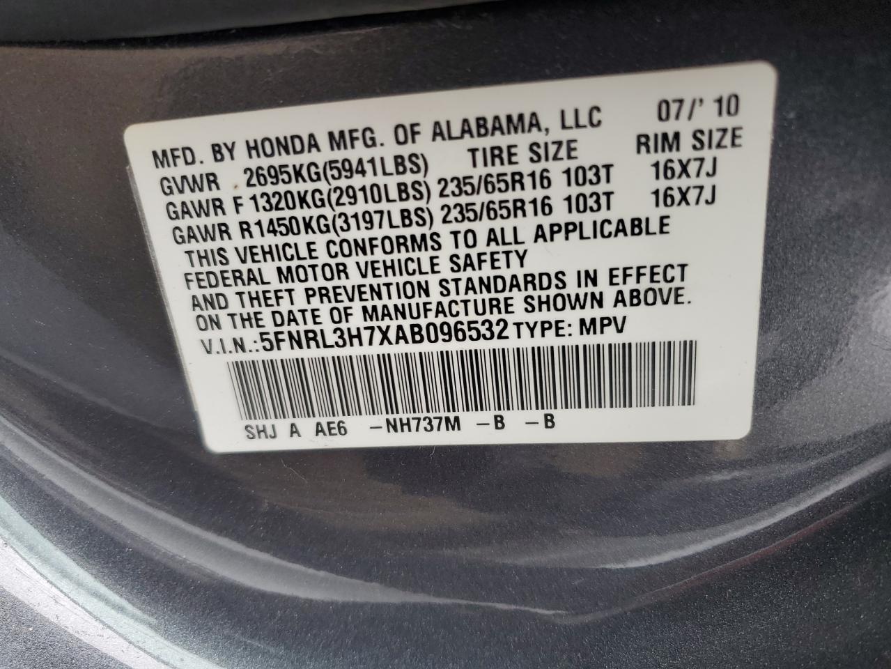 5FNRL3H7XAB096532 2010 Honda Odyssey Exl