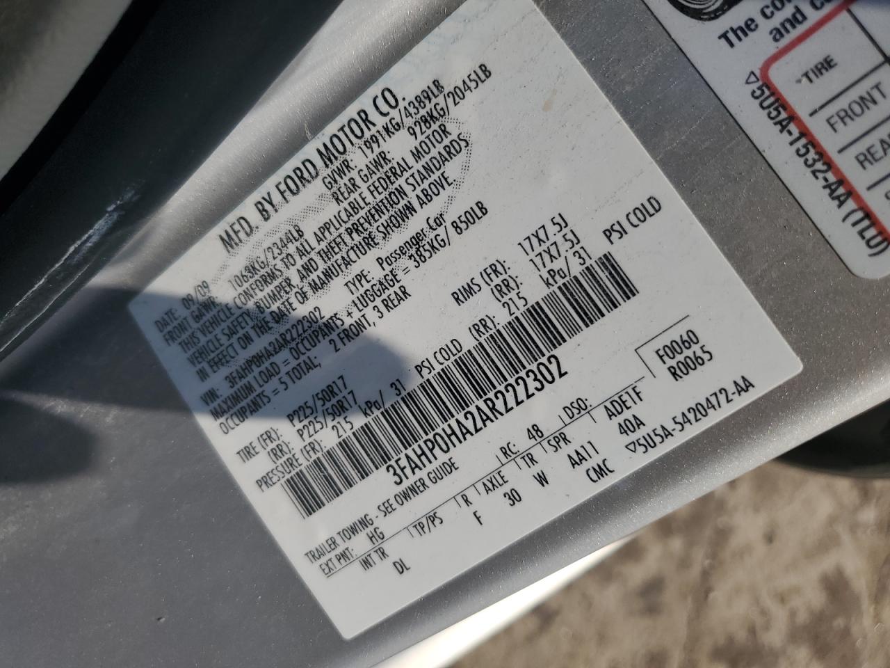 2010 Ford Fusion Se VIN: 3FAHP0HA2AR222302 Lot: 66973324