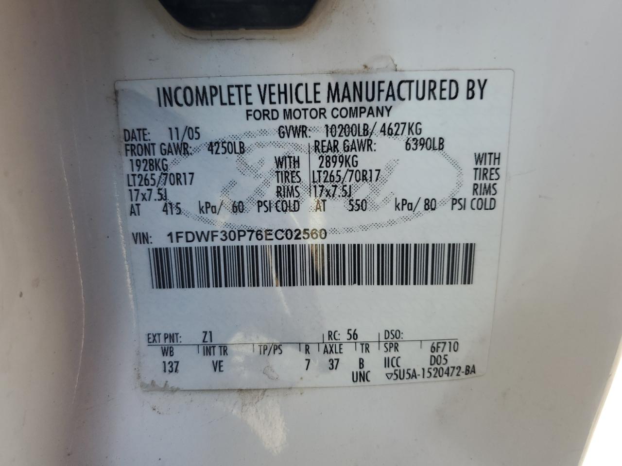 2006 Ford F350 Srw Super Duty VIN: 1FDWF30P76EC02560 Lot: 66424694