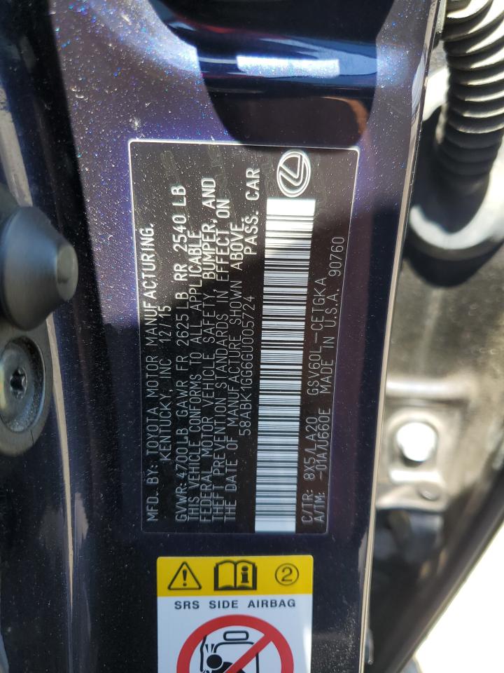 2016 Lexus Es 350 VIN: 58ABK1GG6GU005724 Lot: 67840004