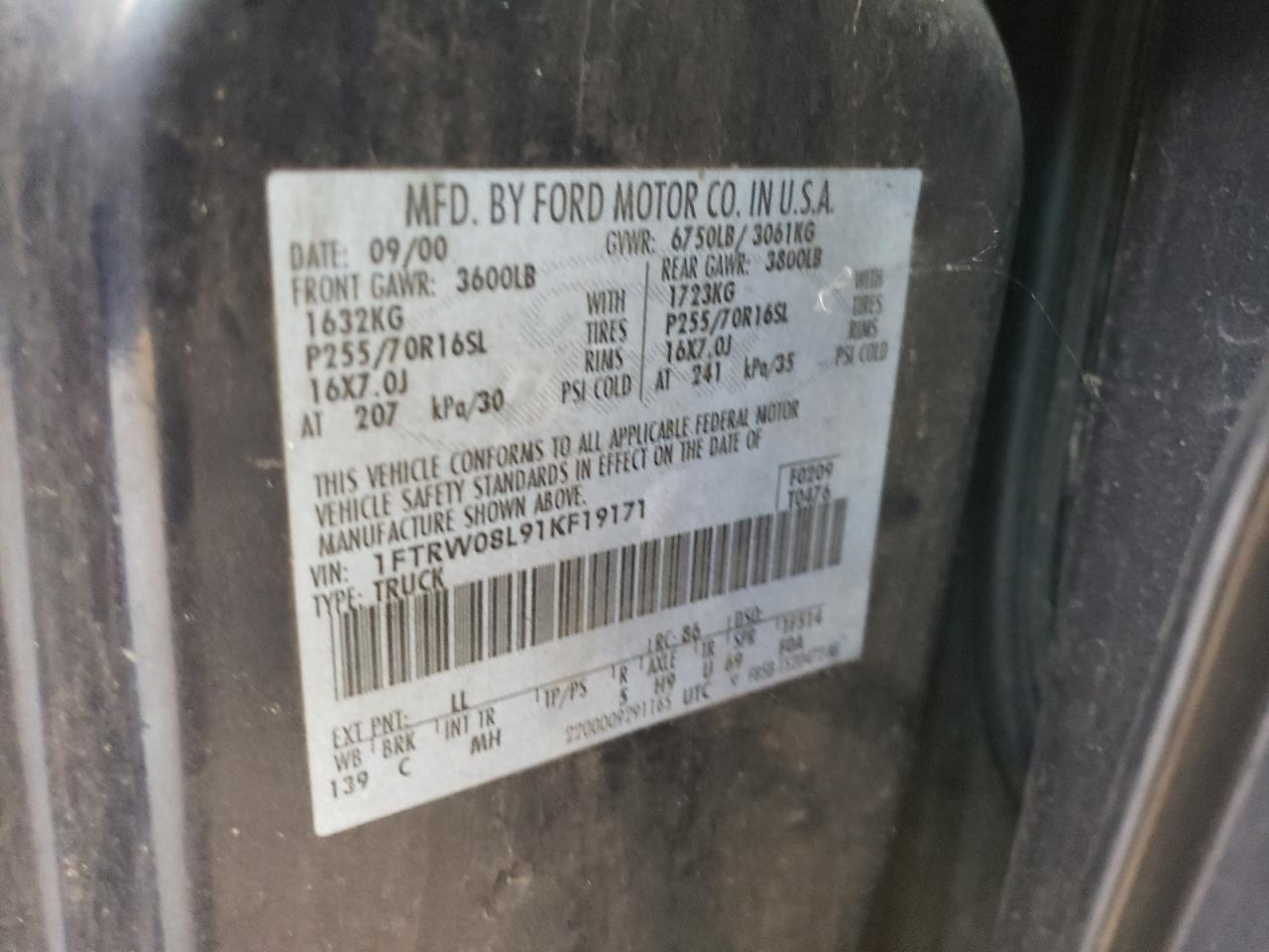 2001 Ford F150 Supercrew VIN: 1FTRW08L91KF19171 Lot: 66321884