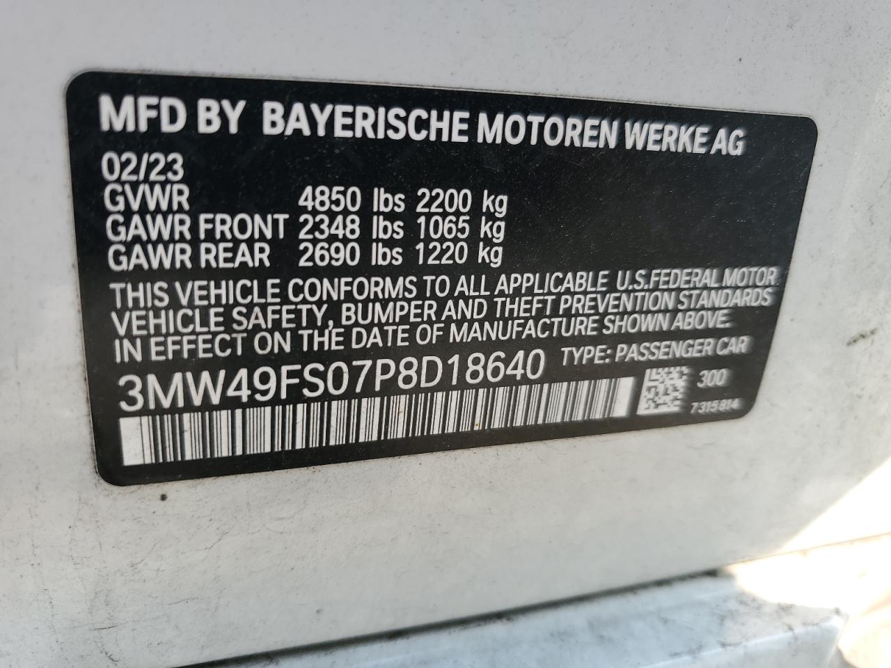 2023 BMW M340I VIN: 3MW49FS07P8D18640 Lot: 67006474