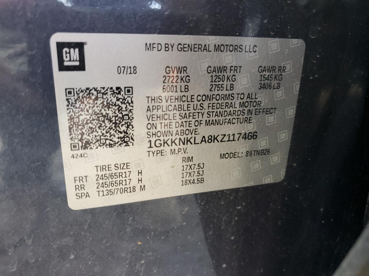 1GKKNKLA8KZ117466 2019 GMC Acadia Sle