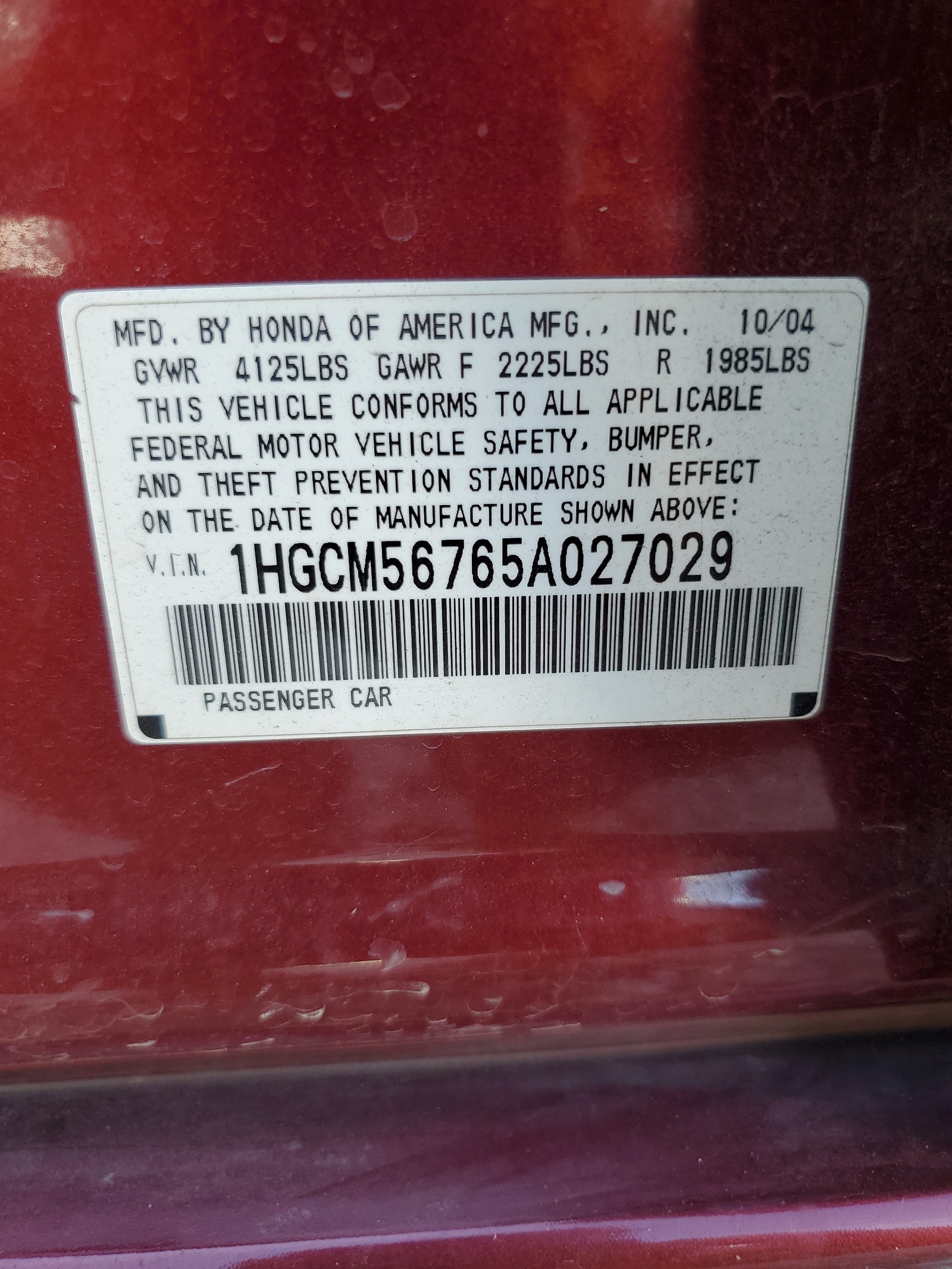 1HGCM56765A027029 2005 Honda Accord Ex