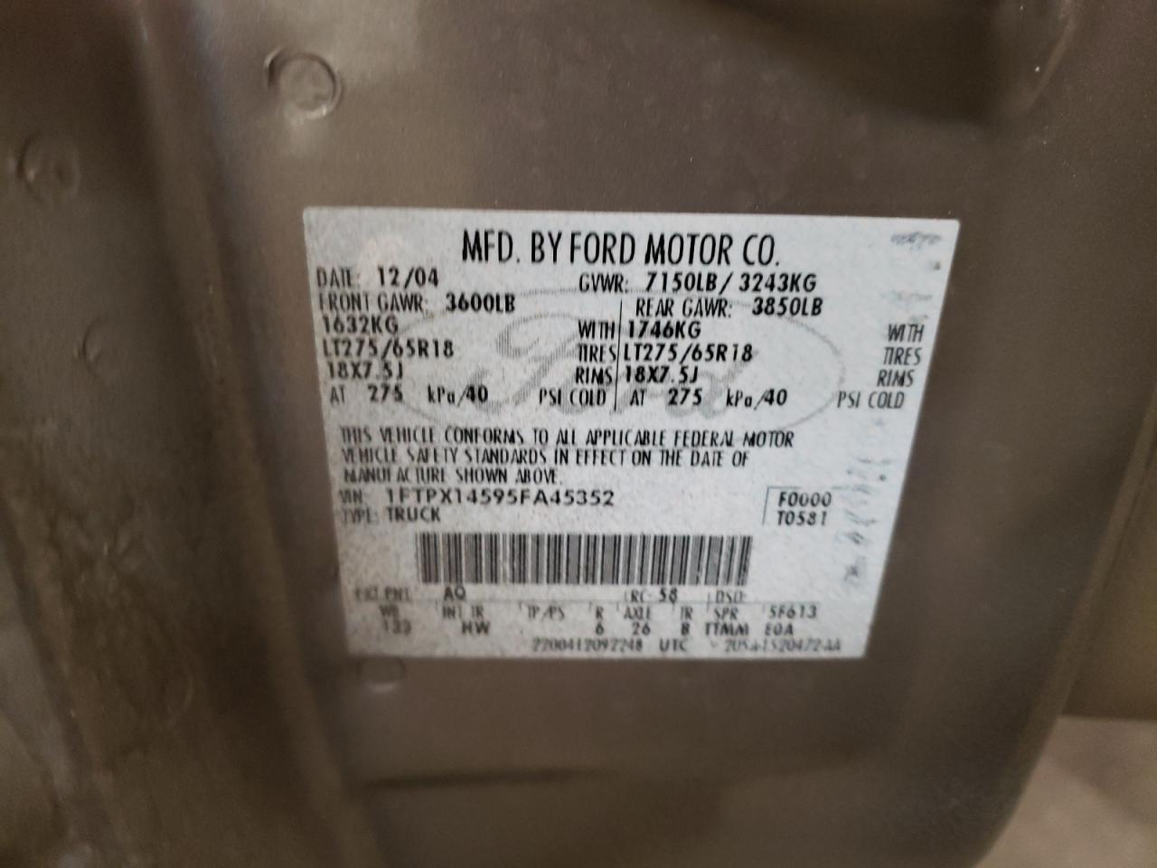 2005 Ford F150 VIN: 1FTPX14595FA45352 Lot: 66227804